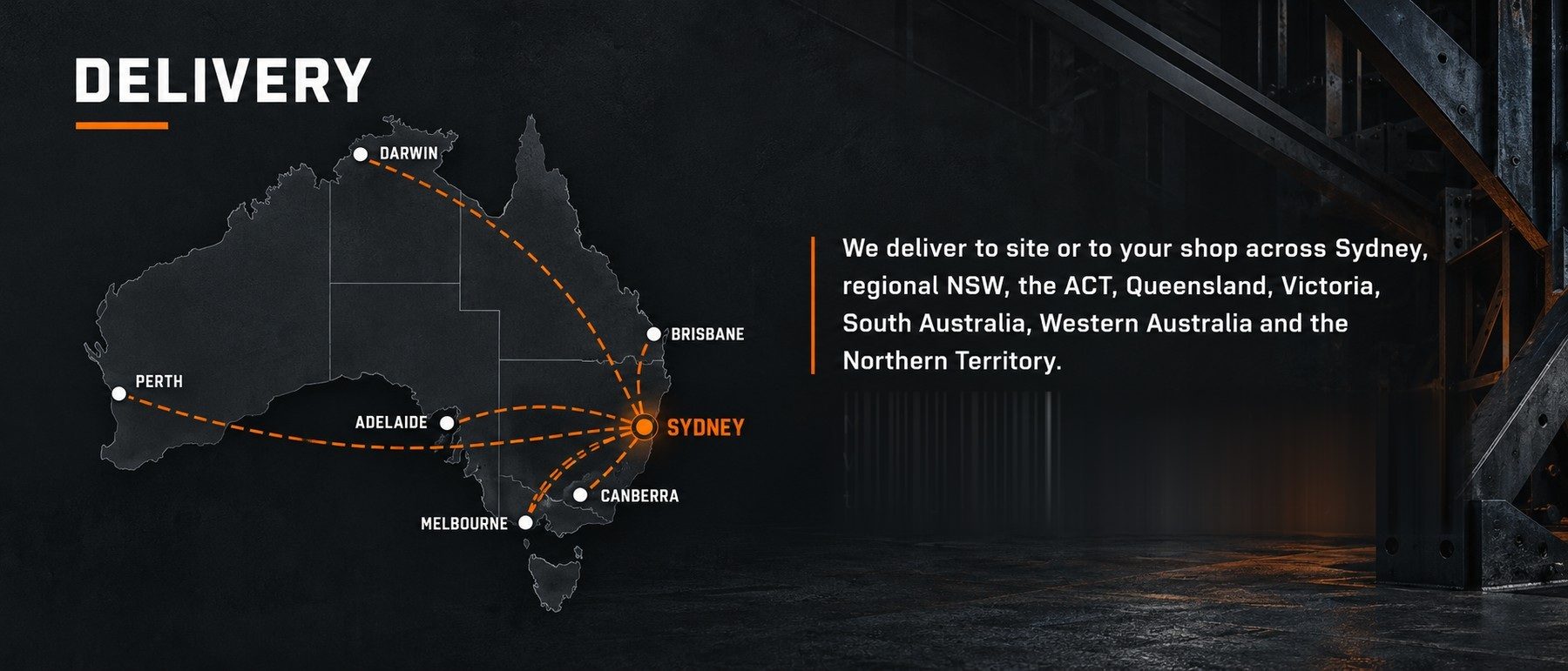 Australia-wide delivery map showing shipping from Sydney to major regions